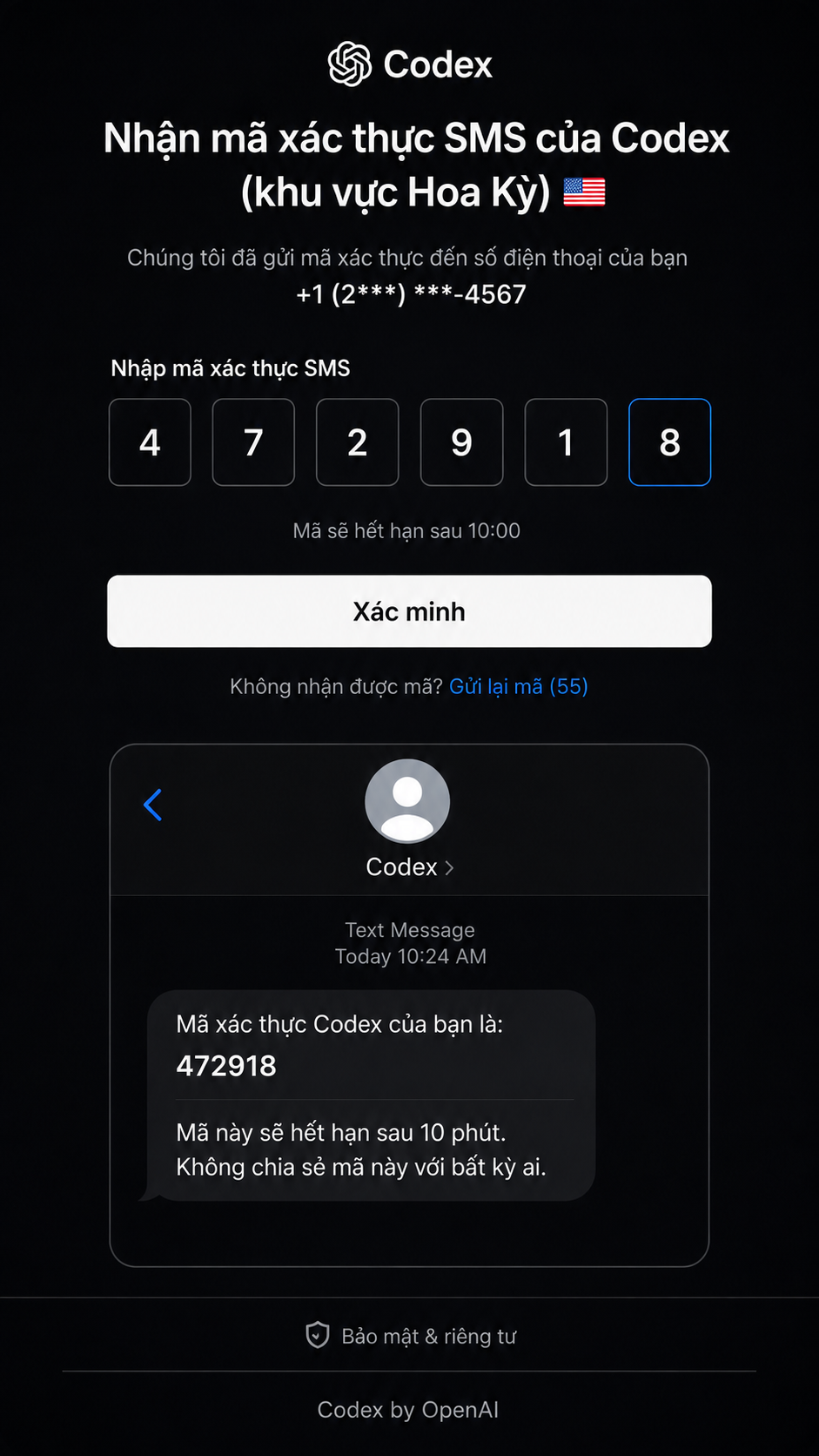 Nhận mã xác thực SMS của Codex (khu vực Hoa Kỳ)