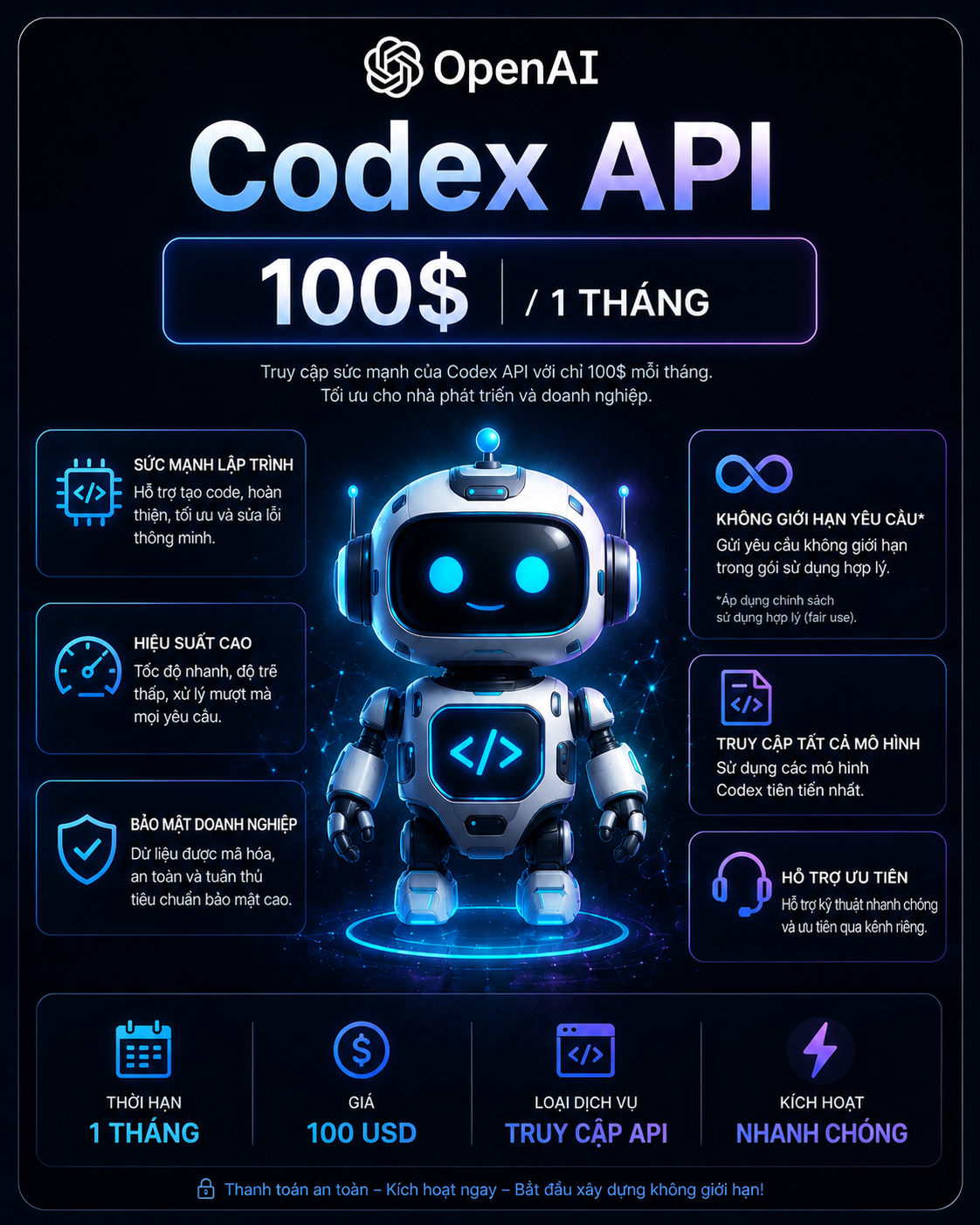 100$ ( đô la ) api codex 1 tháng