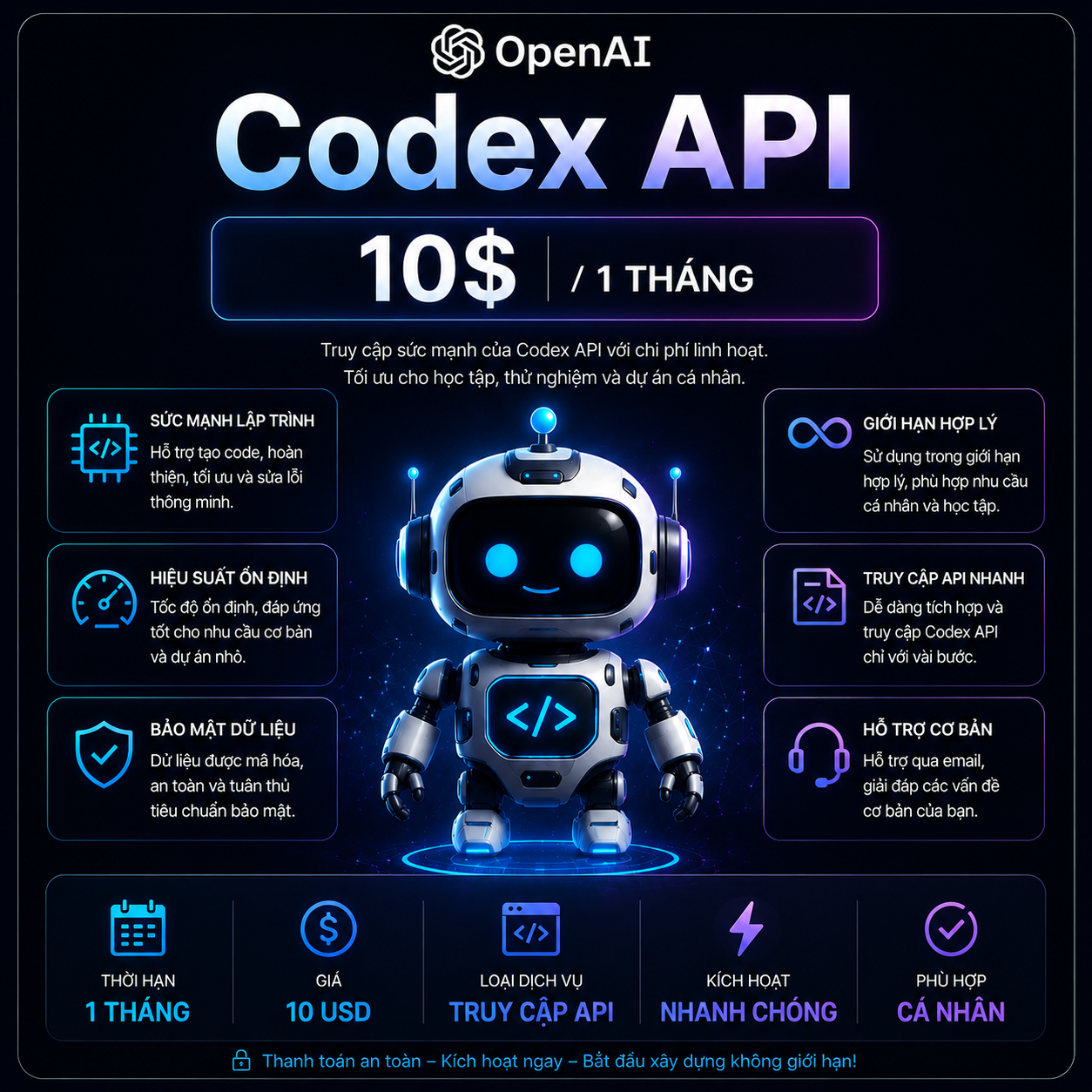 10$ (đô la ) api codex mỗi ngày trong 1 tháng
