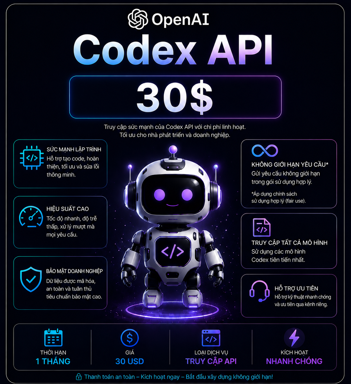 30$ (đô la ) api codex mỗi ngày trong 1 tháng